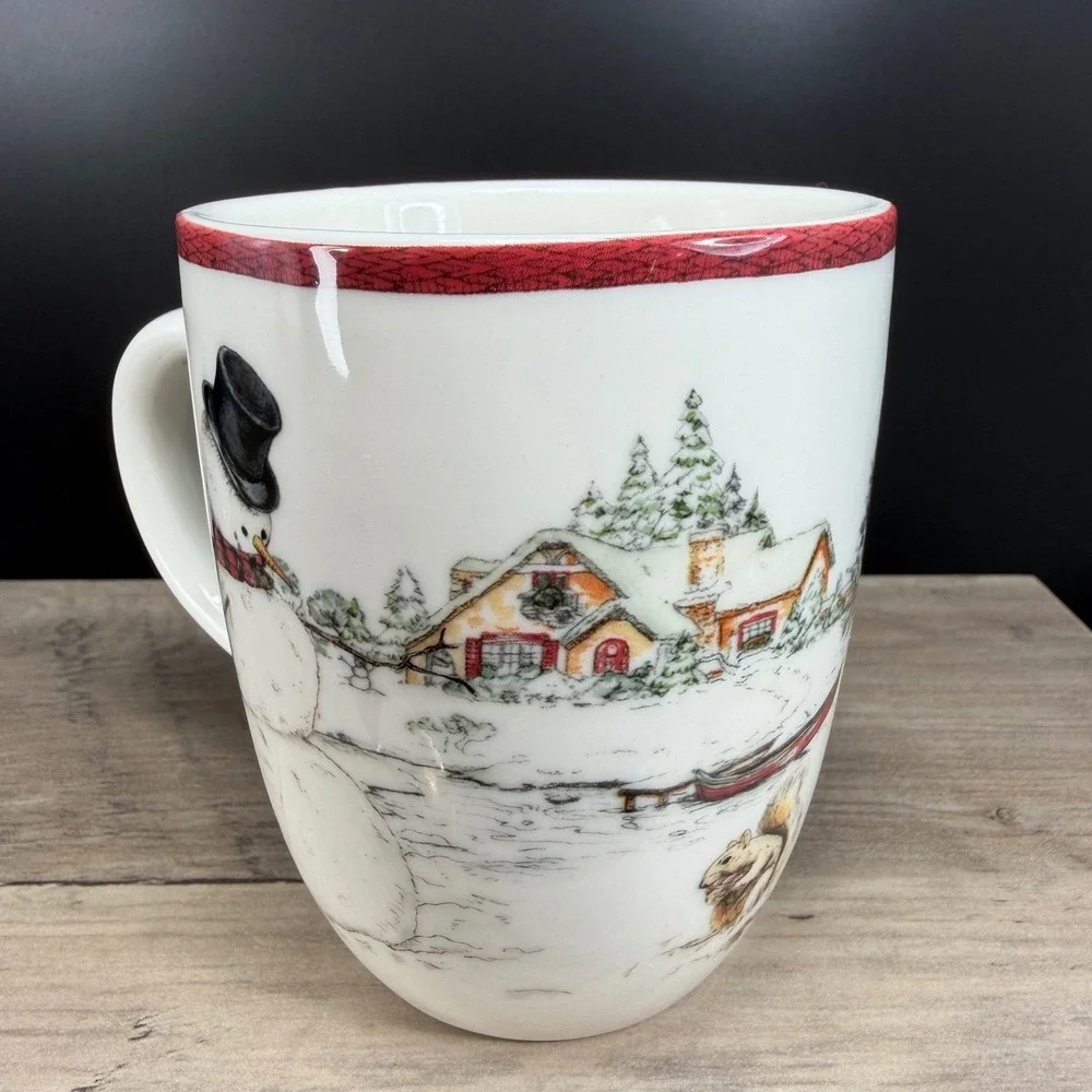 Williams Sonoma Snowman Christmas Coffee Mug Cup Winter Village Scene‎ 13OZ